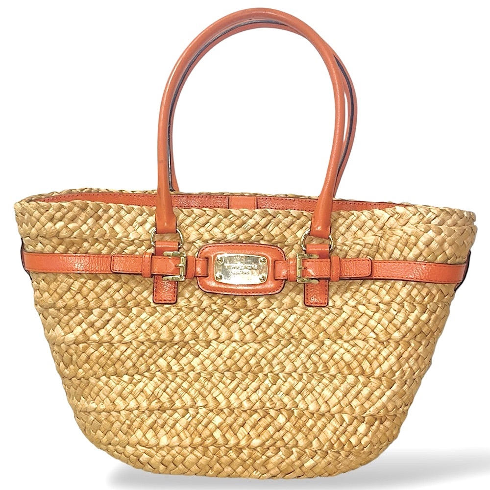 Auth NEW Michael Kors straw wicker Raffia Reed straw Tote Bag burnt Orange Tan - Picture 2 of 13